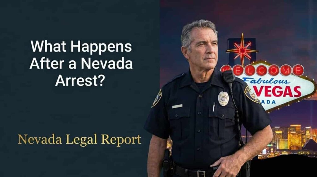 "What Happens After a Nevada Arrest" is written. A police officer is superimposed over the Las Vegas sign